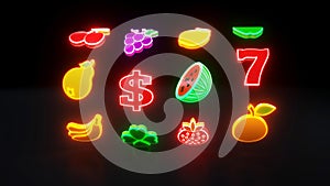 3D Fruit Icons With Neon Lights - 3D Illustration