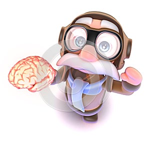 3d Funny cartoon airline pilot character holding a human brain