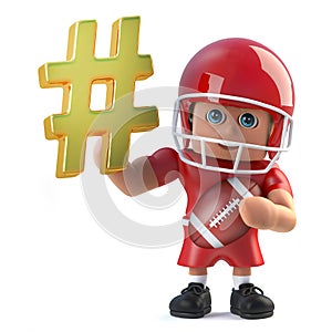 3d Funny cartoon American football player holding a hash tag symbol