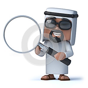 3d Funny cartoon Arab sheik character holding a magnifying glass