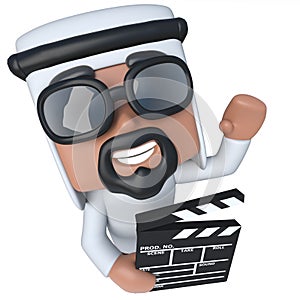 3d Funny cartoon Arab sheik character holding a movie maker clapperboard