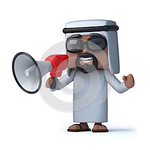 3d Funny cartoon Arab sheik character using a megaphone