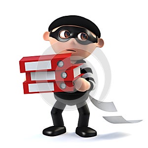 3d Funny cartoon burglar character steals data