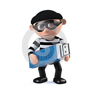 3d Funny cartoon burglar character takes a USB memory stick with data