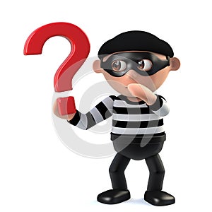 3d Funny cartoon burglar thief character holding a question mark symbol