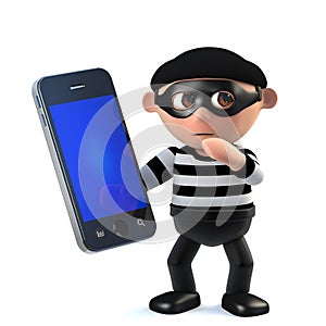 3d Funny cartoon burglar thief character stealing a smartphone