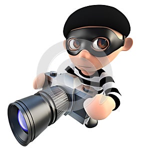 3d Funny cartoon burglar thief character taking a photo with a camera