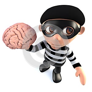 3d Funny cartoon burglar thief holding a human brain