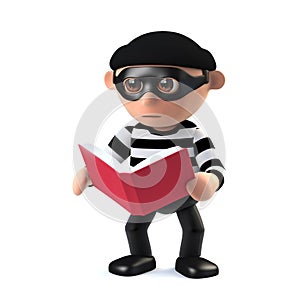 3d Funny cartoon burglar thief reading a book