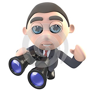 3d Funny cartoon businessman character using a pair of binoculars