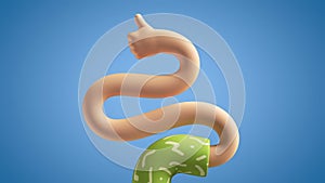 3d funny cartoon character flexible boneless hand appears, thumb up, isolated on blue background. Like gesture.