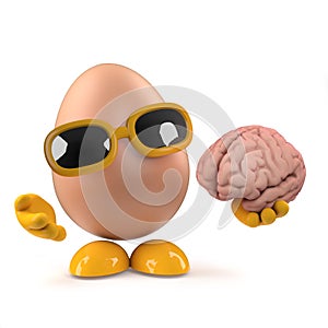 3d Funny cartoon chickens egg character holding a human brain
