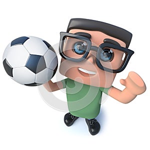 3d Funny cartoon computer nerd character holding a soccer football
