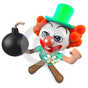 3d Funny cartoon crazy clown character holding a joke bomb