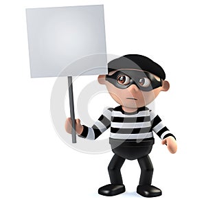 3d Funny cartoon criminal burglar character holding a placard