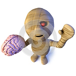 3d Funny cartoon Egyptian mummy character holding a human brain