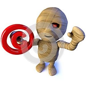 3d Funny cartoon Egyptian mummy monster character holding a copyright symbol