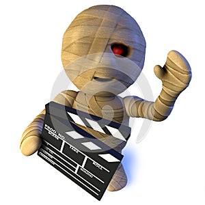 3d Funny cartoon Egyptian mummy monster character making a movie