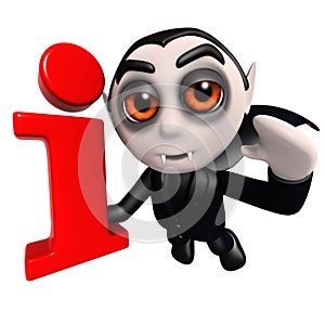3d Funny cartoon Halloween dracula vampire character holding an information symbol