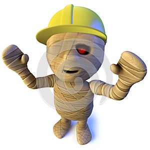 3d Funny cartoon Halloween Egyptian mummy character wearing a construction safety hard hat