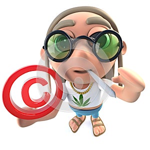 3d Funny cartoon hippy stoner character holding a copyright symbol