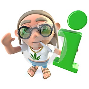 3d Funny cartoon hippy stoner character holding an information symbol