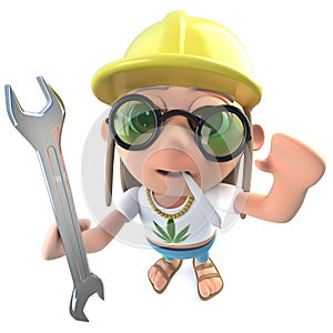 3d Funny cartoon hippy stoner character holding a spanner and wearing a safety helmet