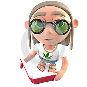 3d Funny cartoon hippy stoner character reading a book