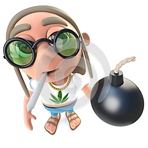 3d Funny cartoon hippy stoner holding a bomb