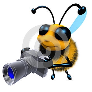 3d Funny cartoon honey bee character holding a camera