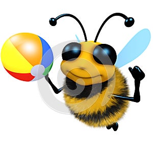 3d Funny cartoon honey bee character playing with a beachball