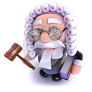 3d Funny cartoon judge holding a gavel and law book
