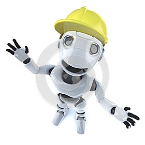 3d Funny cartoon mechanical robot characte wearing a builders hard hat