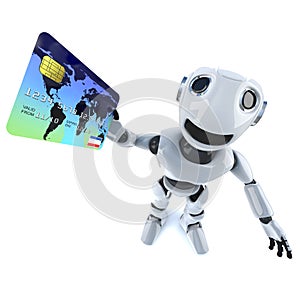 3d Funny cartoon mechanical robot character paying with a debit card