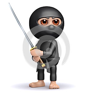 3d Funny cartoon Ninja assassin stands ready with lethal katana