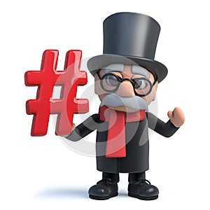 3d Funny cartoon noble lord character holding a hash tag symbol