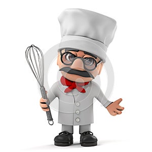 3d Funny cartoon old Italian chef character holding a whisk