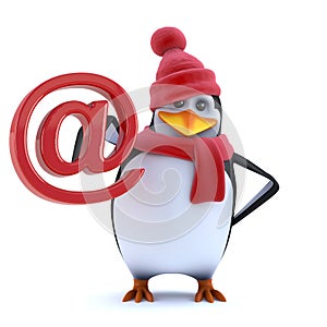 3d Funny cartoon penguin in winter woolens holds email address symbol