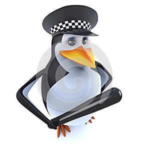 3d Funny cartoon police penguin character holding a truncheon baton