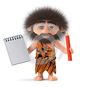 3d Funny cartoon primitive caveman character holding a notepad and pencil