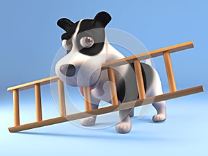 3d funny cartoon puppy dog character holding a ladder in his mouth, 3d illustration