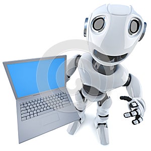 3d Funny cartoon robot character holding a laptop pc computer device