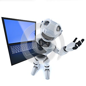 3d Funny cartoon robot character holding a laptop pc computer tablet device