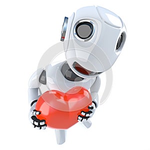 3d Funny cartoon robot character holding a red romantic heart
