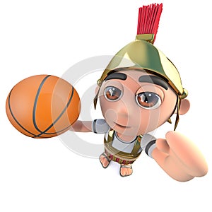 3d Funny cartoon Roman soldier character playing basketball