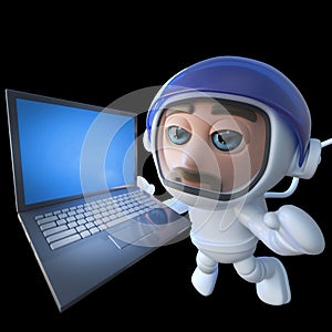 3d Funny cartoon spaceman astronaut character chasing a laptop in space