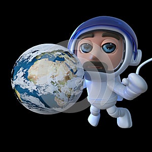 3d Funny cartoon spaceman astronaut character with globe of Earth in space