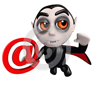 3d Funny cartoon vampire dracula character holding an email address symbol