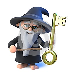 3d Funny cartoon wizard magician character points to a gold key with his magic wand