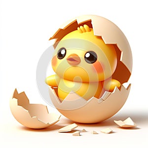 3D funny chick cartoon, in broken eggshell, on white background